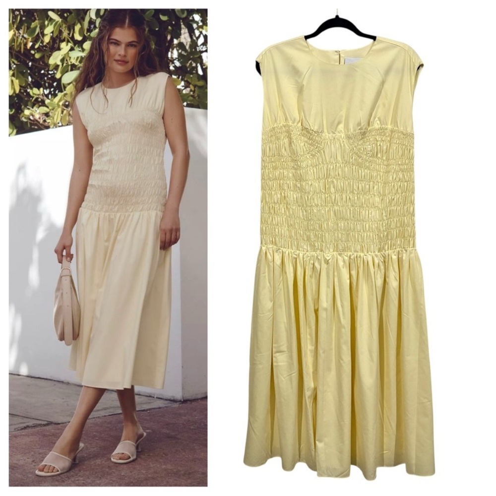Mare Mare Anthropologie Smocked Drop Waist Midi Dress Plus Size 1X Butter Yellow